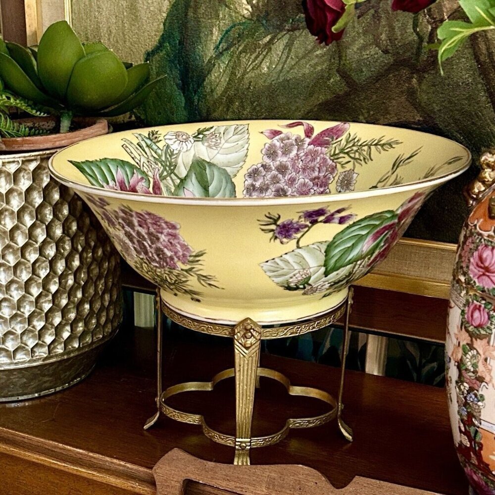 Vintage Oriental Hand Painted Porcelain Centerpiece  Bowl On Ornate Brass Stand